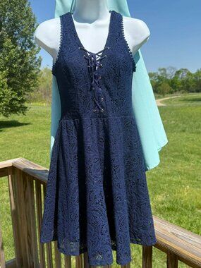 LF Ricard Navy Lace Dress Corset Lace Up Coquette Y2K Cottagecore 3087 size M